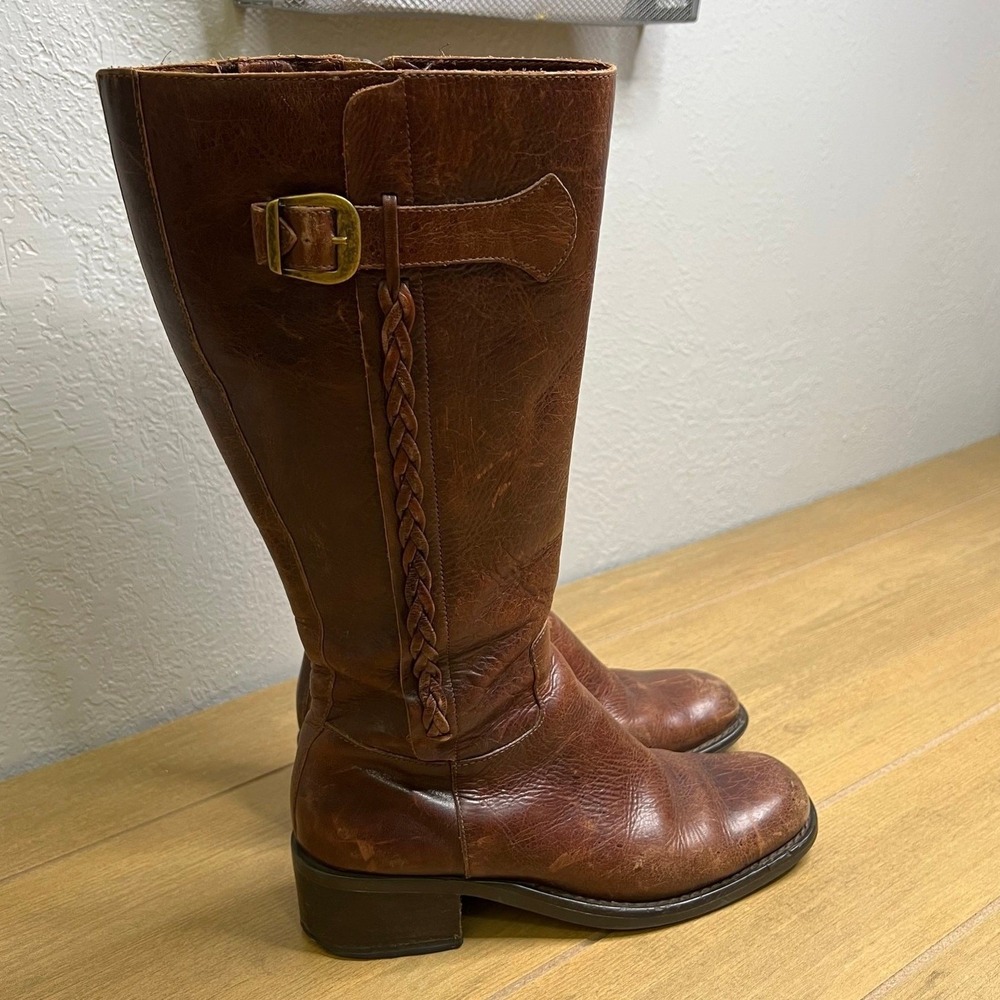 Vintage Leather Tall Riding Boots Women 7.5 Brown Braided Buckle Block Heel